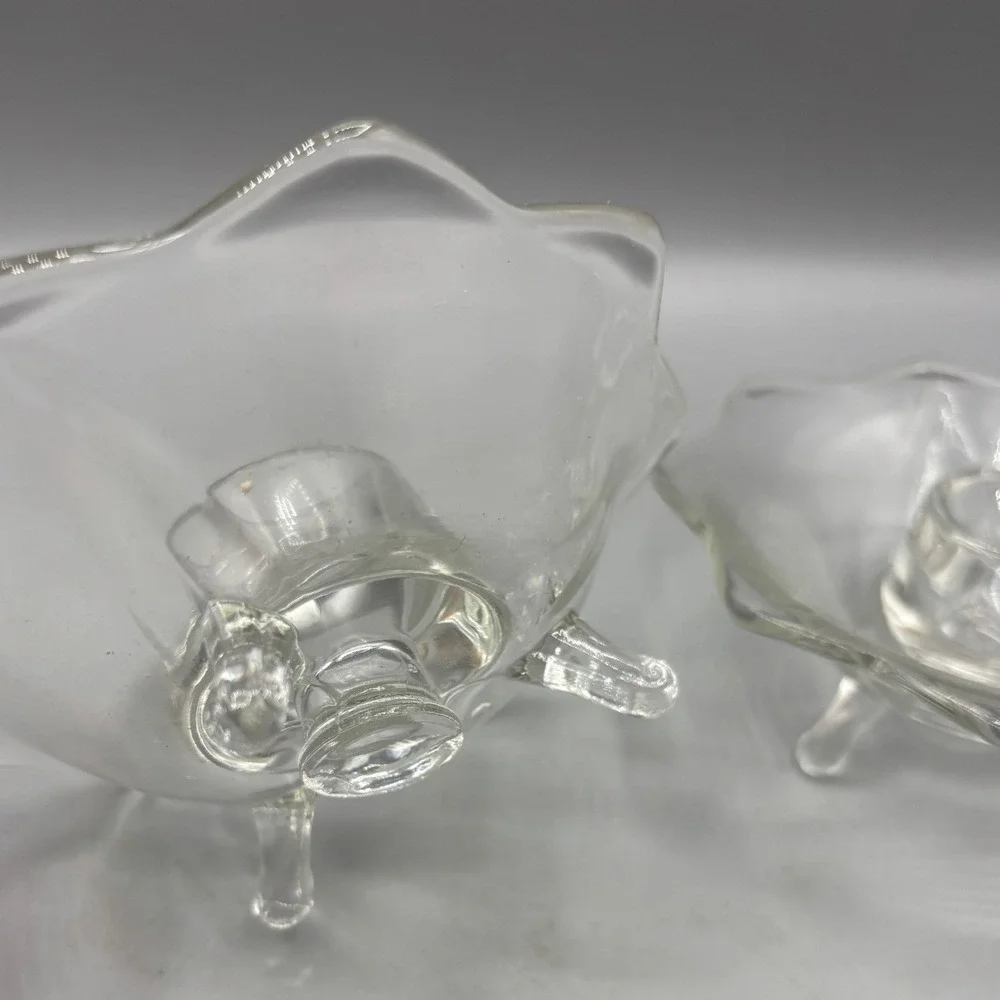 Vintage Clear Pressed Glass Scalloped Taper Candle Holders‎ Tripod Footed Pair